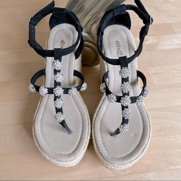 NEW Skemo Black Suede Jute Wedge Sandals With Crystal Embellishments - Picture 3 of 12